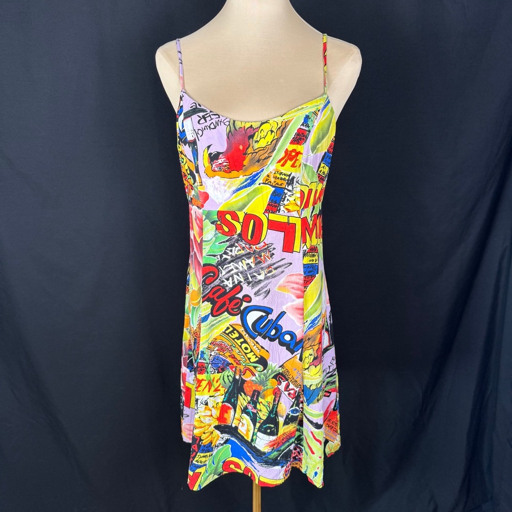 Vintage 90s Jams World Los Amigos Cafe Cubano Pop Art Mini Slip Dress M